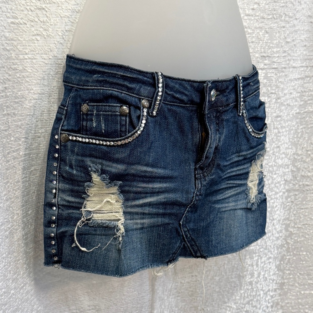 A7 Rhinestone Bling Denim Mini Skirt M Destroyed Ripped 7 For All Mankind - Picture 3 of 14